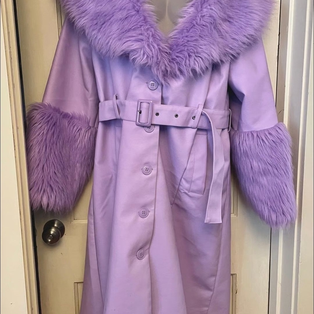 Fashion Nova Lavender Trench Coat with Faux Fur Trim